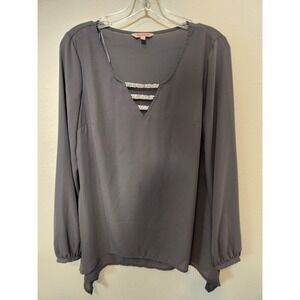 Juicy‎ Couture Womens Gray Embellished Rhinestone Chiffon V-Neck Blouse Medium
